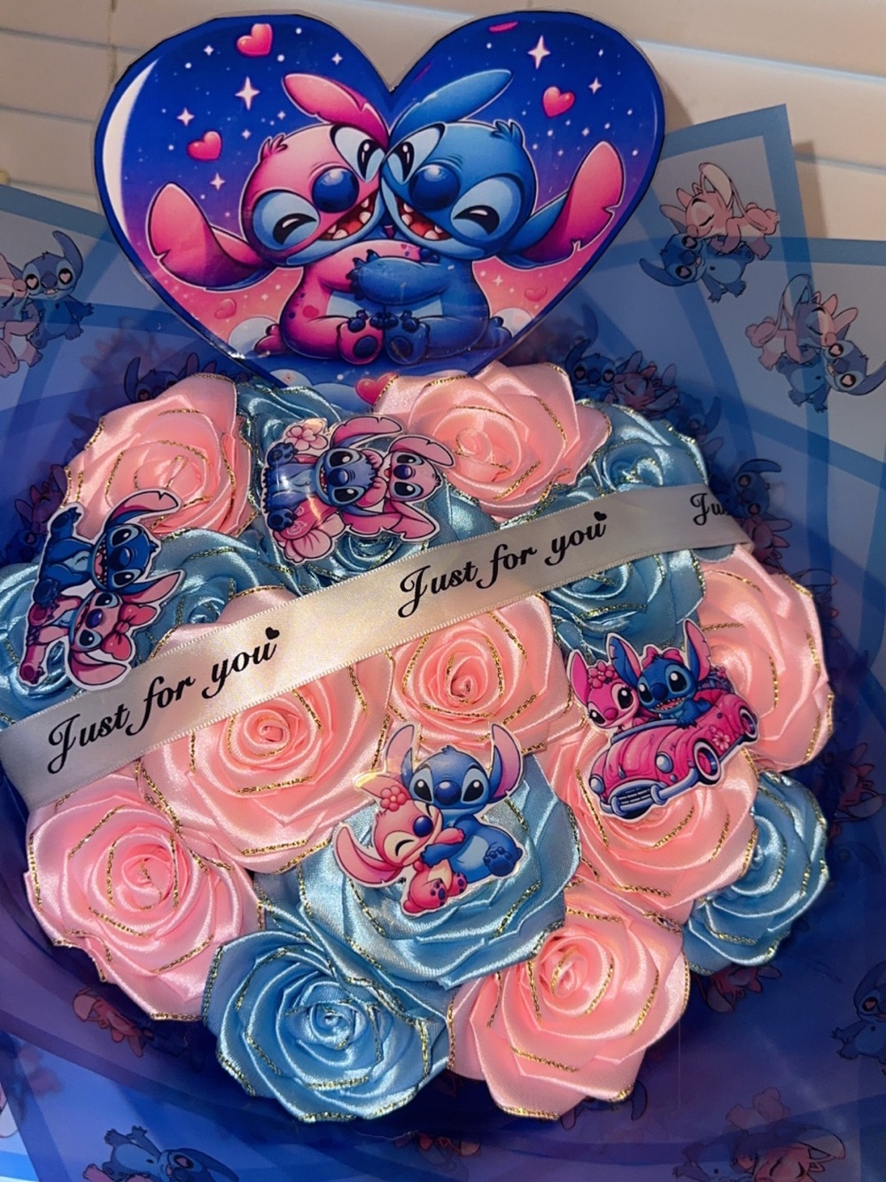 Stitch Themed Pink & Blue Rose Bouquet Plush for Kids - Just for You